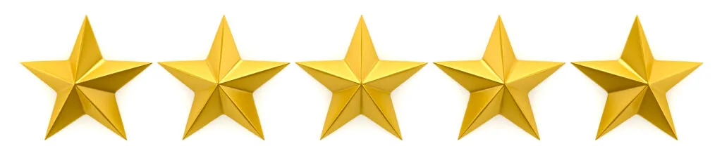 Five gold stars in a row representing a five-star rating or review