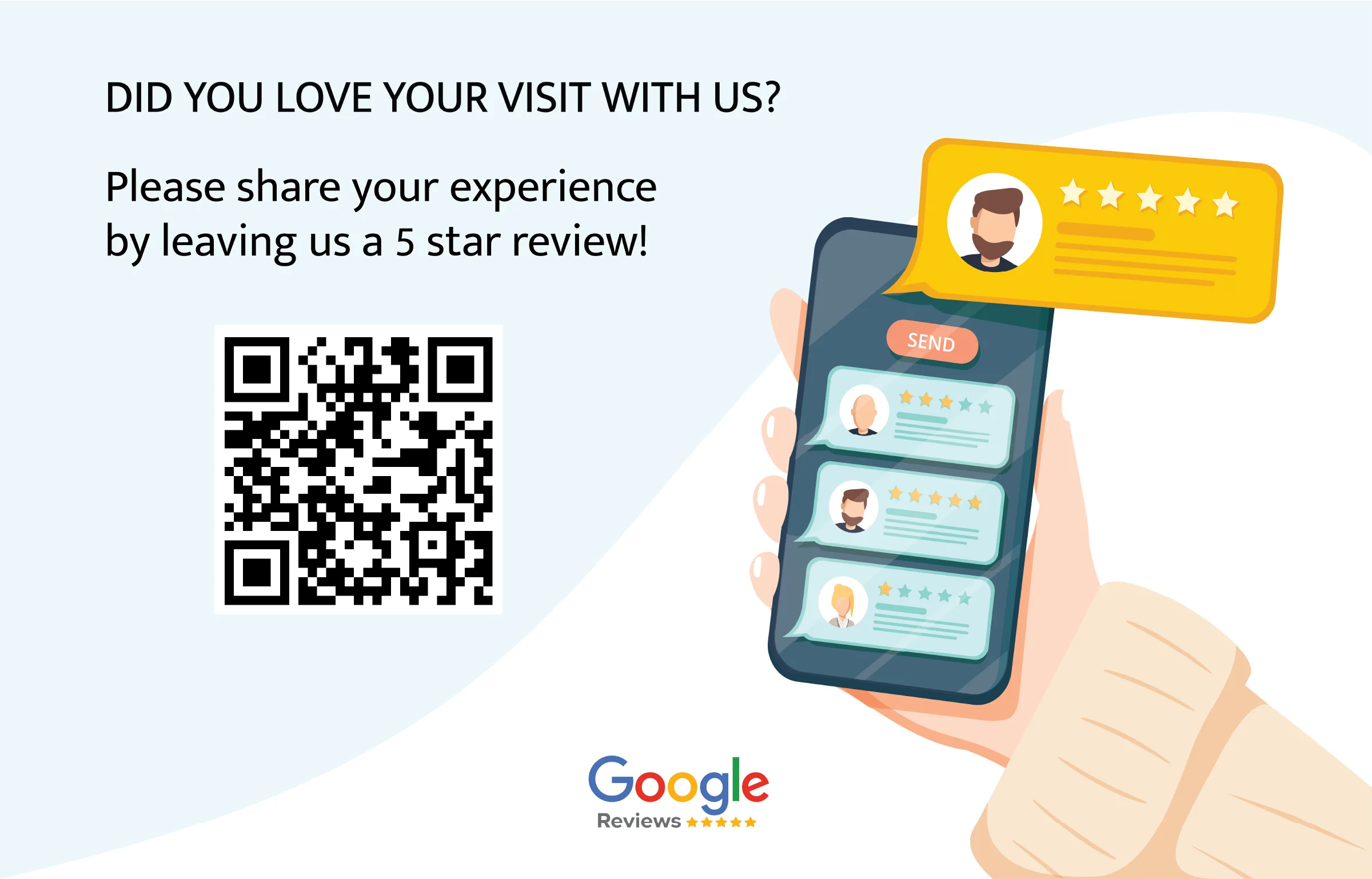 Hand holding smartphone displaying Google Reviews with 5-star rating popup and QR code for leaving feedback