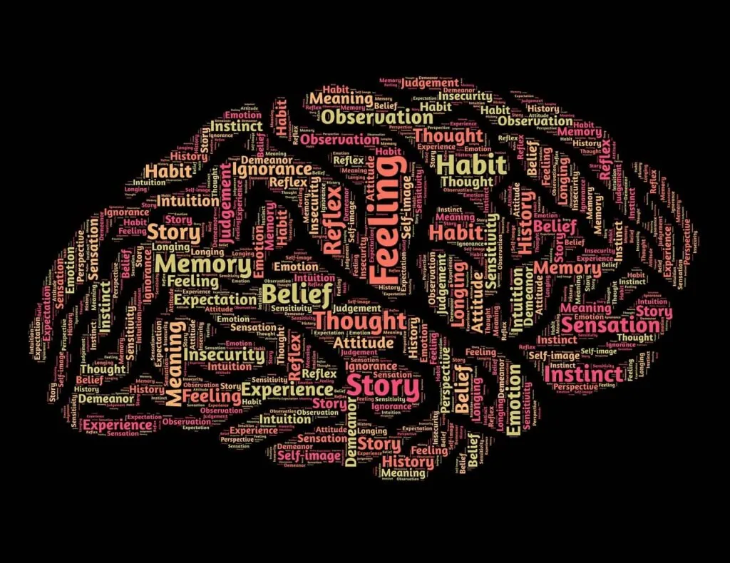 Brain-shaped word cloud featuring psychology terms like Feeling, Thought, Memory, Habit, Belief, and Observation in varying sizes on black background