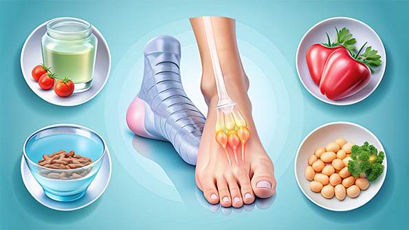 Illustration of a foot with gout inflammation surrounded by healthy foods including tomatoes, almonds, chickpeas, and vegetable juice on a blue background.