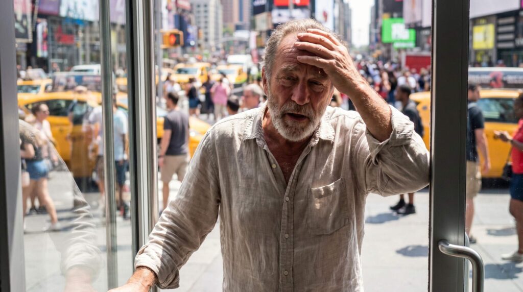 Older man with gray beard wearing a light button-up shirt, touching his forehead with his hand in distress, standing in front of a busy Times Square street scene with yellow taxis and crowds