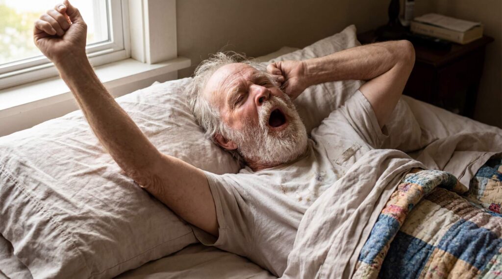 Senior man waking up in bed with a yawn, stretching his arm overhead while lying on pillows near a window