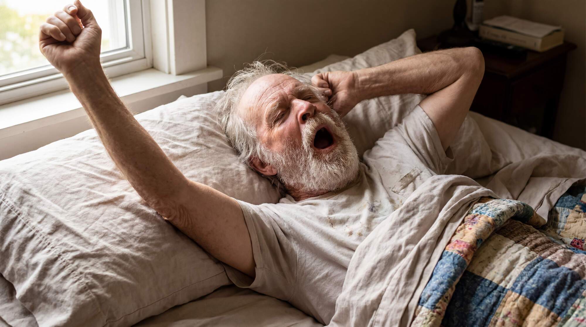 Senior man waking up in bed with a yawn, stretching his arm overhead while lying on pillows near a window